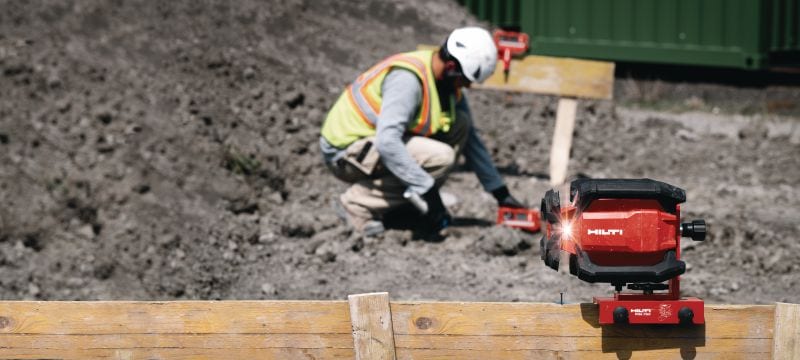 PR 40-22 Udendørs rotationslaser med vaterpas Robust udendørs rotationslaser med automatiske funktioner til langdistance-nivellering, opmåling, hældning og kvadrering (Nuron-batteriplatform) Arbejdsopgaver 1