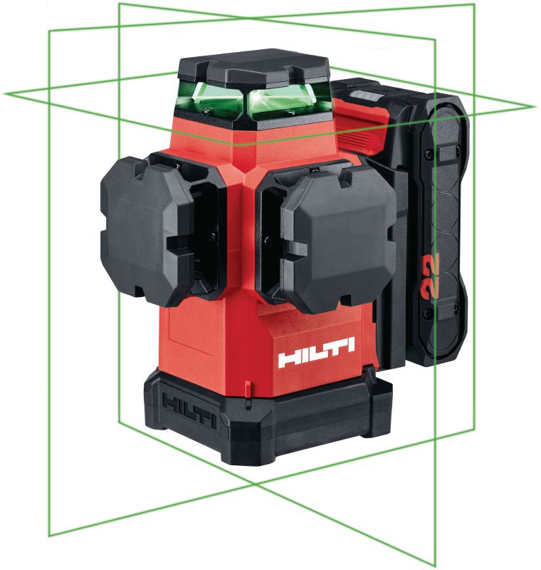 PM 50MG-22 Multilinjelaser Selvnivelleringslaser med 3 synlige grønne 360° linjer og 15+ timers batteritid til nivellering, justering, opmålning og rørdannelse (Nuron-batteriplatform)